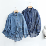 Women T-Shirt Spring and Autumn Polo Collar Stripes Denim Shirt