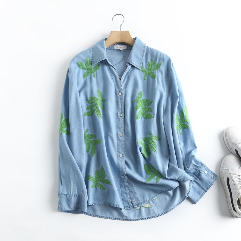 Women T-Shirt Spring Retro Denim Long Sleeve Shirt Loose