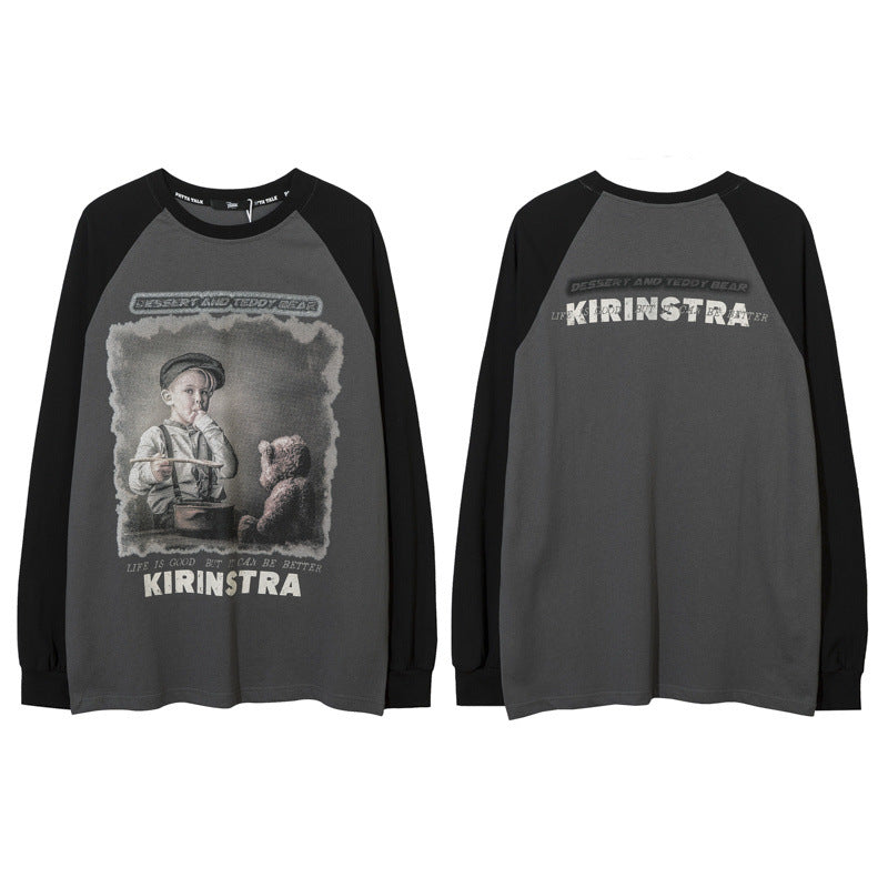 Men Long Sleeve Shirt Long Sleeve T-shirt Men's and Women's Loose Retro Top Sweater Couple Wear