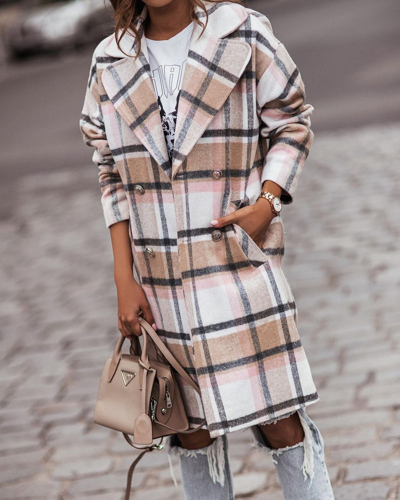 Plaid Trench Coat Winter Coat Women's Long Sleeve Checked Woolen Coat Casual