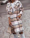 Plaid Trench Coat Winter Coat Women's Long Sleeve Checked Woolen Coat Casual