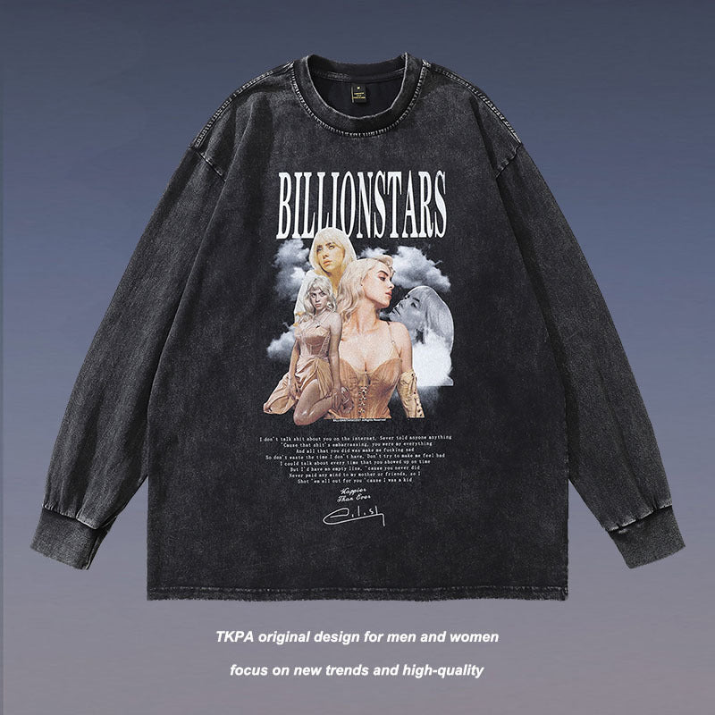 Men Long Sleeve Shirt Washed Distressed Long Sleeve Bottoming T-shirt Men and Women Loose
