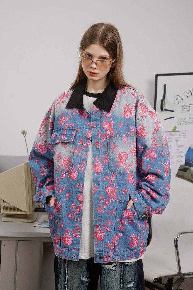 Unisex Jacket Autumn Floral Offset Denim Coat Women's Clothing