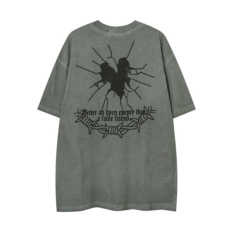 Men T Shirt Street Wash T-shirt Male and Female Trendy Brand Hip Hop round Neck Short Sleeve