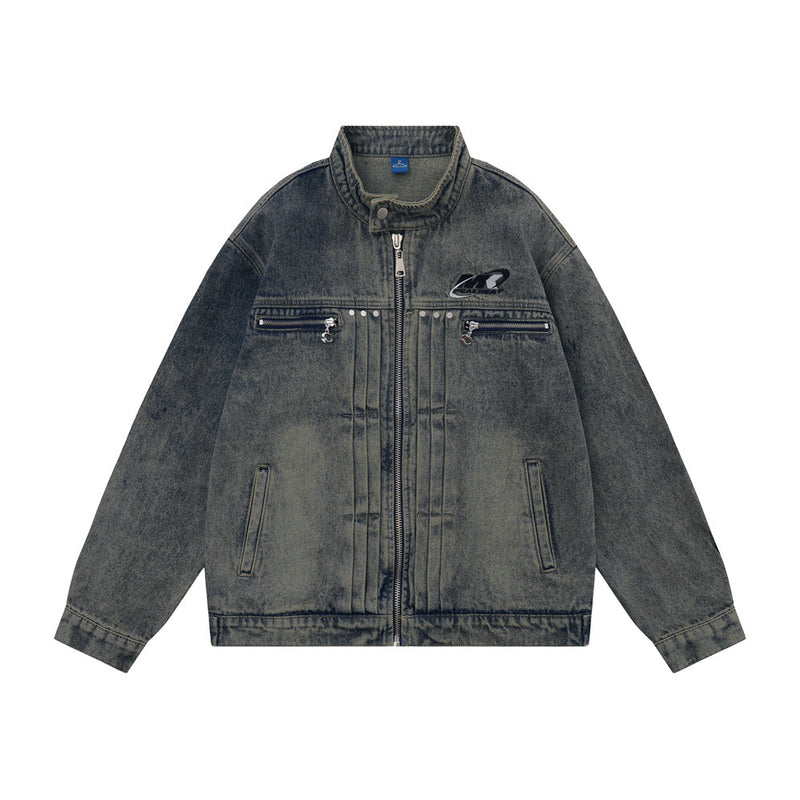 Men Fleece Lined Hoodie Spring and Autumn Denim Jacket Men Vibe Washed and Worn Denim Jacket