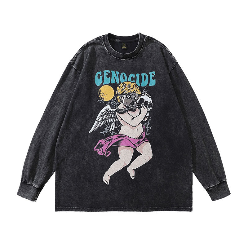 Men Long Sleeve Shirt Angel Print Washed Long Sleeve Bottoming T-shirt for Men and Women