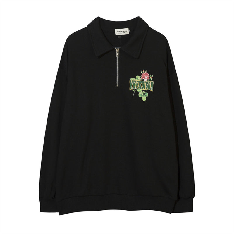 Men Hoodie Rose Flower Letter Print Sweatshirt Men's Loose Lapels Half Zip Pullover