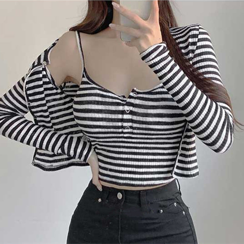 Women Long Sleeve Shirt Black and White Striped Camisole Small Cardigan Coat