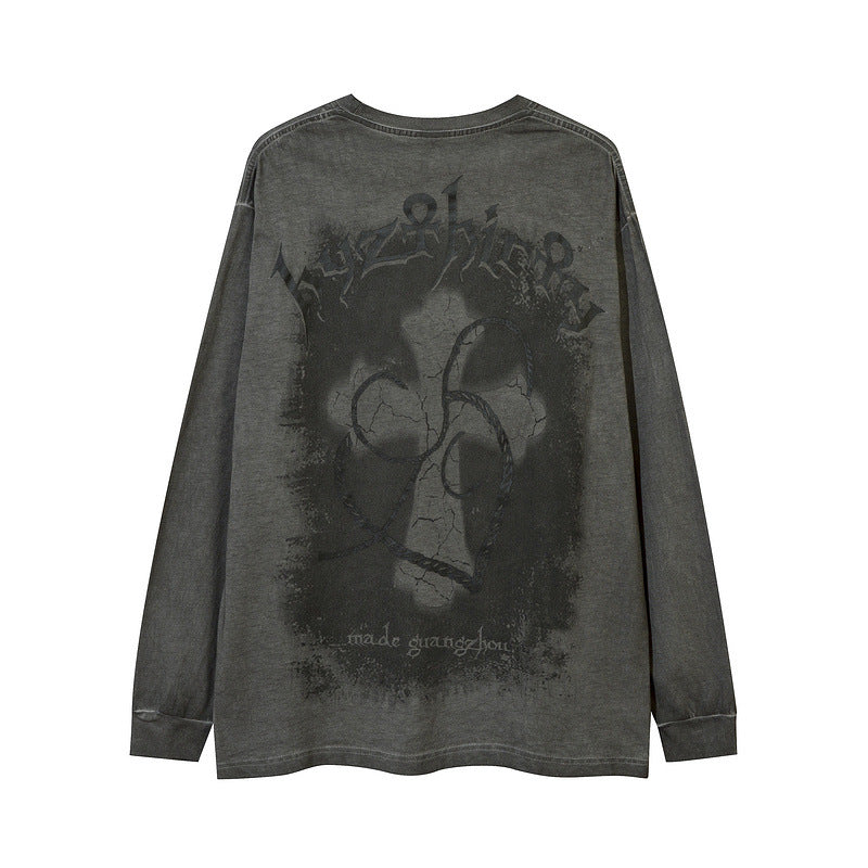 Men Long Sleeve Shirt Dark Graffiti Design Bottoming T-shirt Distressed Loose Long Sleeve Men and Women