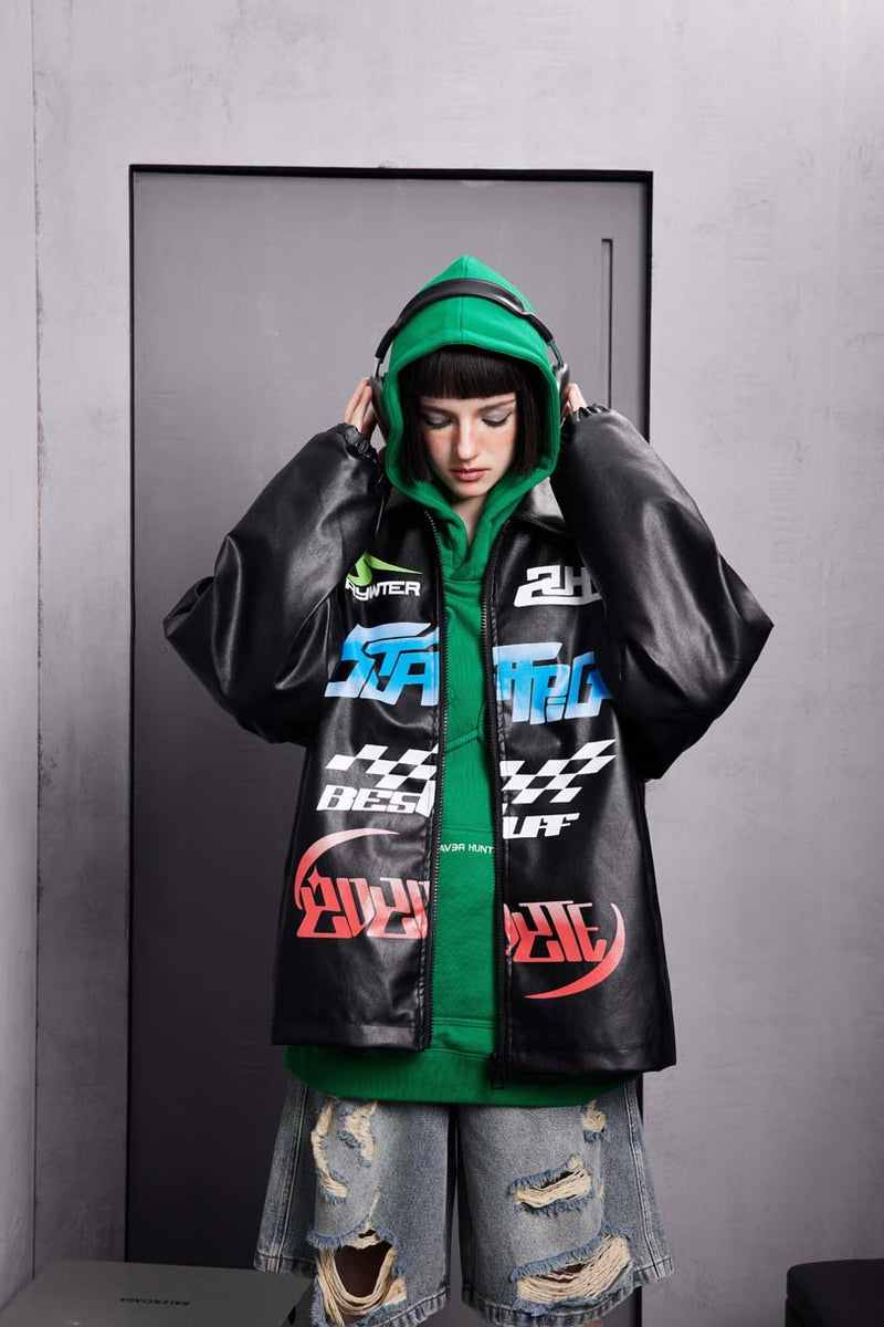 Unisex Jacket Autumn Motorcycle Printing Leather Coat