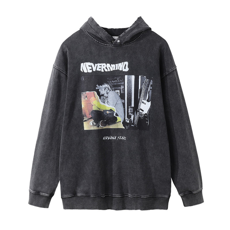 Men Hoodie Printed Hood Sweater Men's Ins Loose Washed-out Distressed Hoodie
