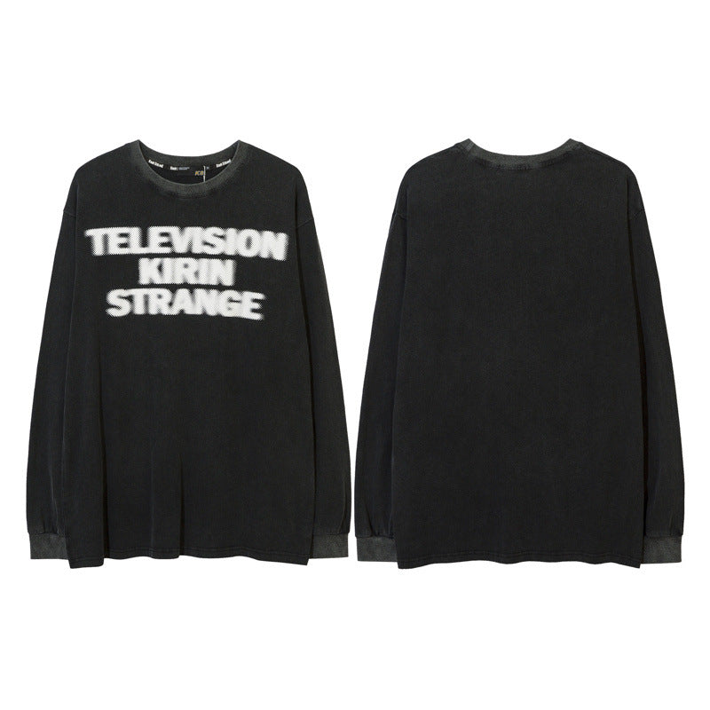 Men Long Sleeve Shirt Washed Distressed Letters Graffiti Long Sleeve T-shirt for Men and Women