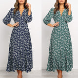 Jungle Print Maxi Dress Vintage Long Sleeve Button High Waist Dress