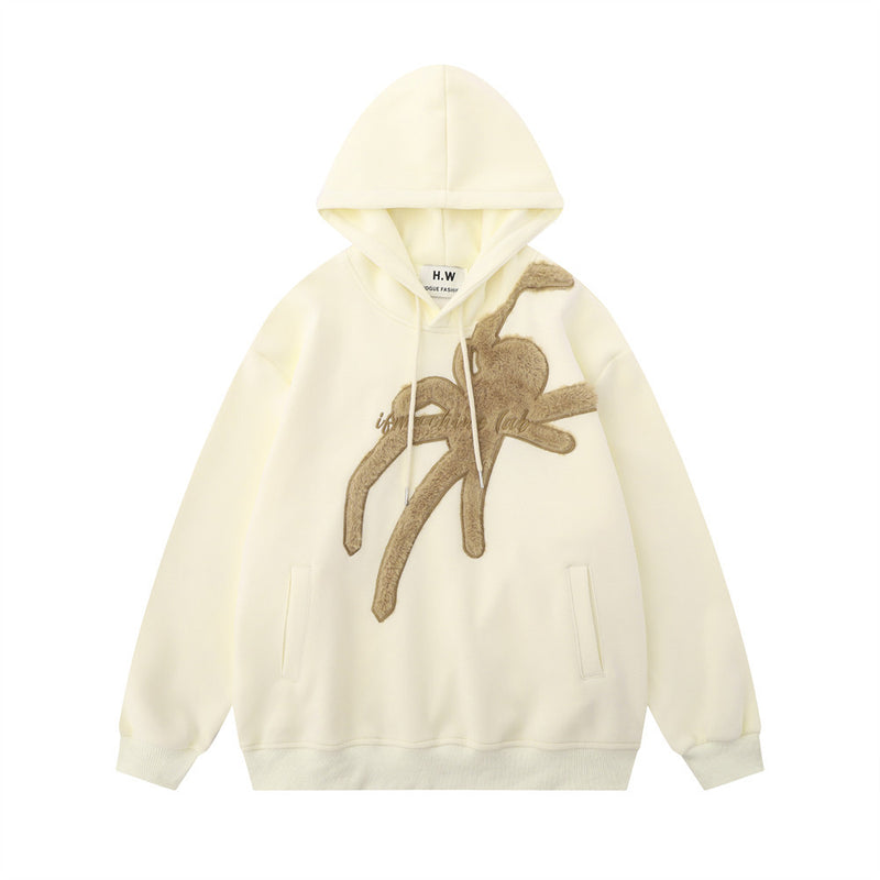 Men Hoodie Flocking Embroidered Spider Hooded Sweater Loose Casual Pullover