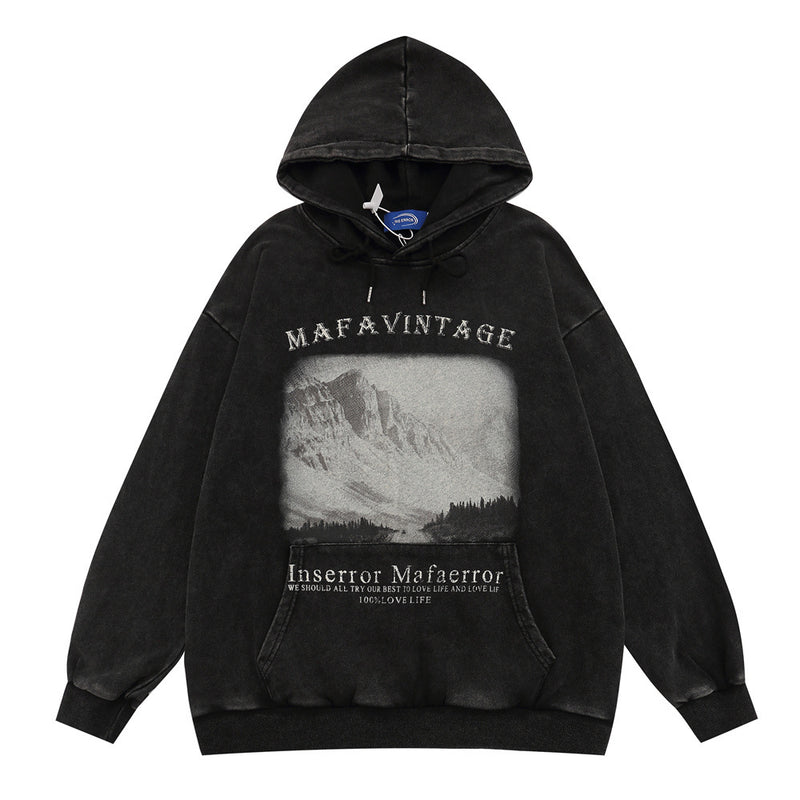 Men Hoodie Printed Washed Distressed Pullover Men's Spring and Autumn Loose Casual