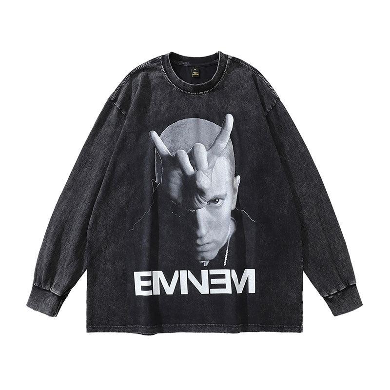 Men Long Sleeve Shirt Printed Vintage Long Sleeve T-shirt Men and Women Washed and Worn