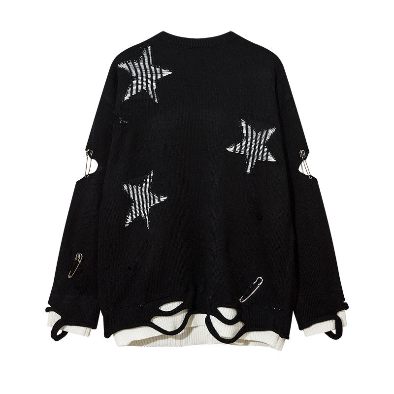Men Long Sleeve Shirt Niche Design Contrast Color Autumn and Winter Loose Ripped Knitted Sweater for Men and Women