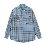 Men Long Sleeved T Shirt Badge Plaid Long Sleeve Shirt Outer Wear Men's Vintage Loose Spring and Autumn