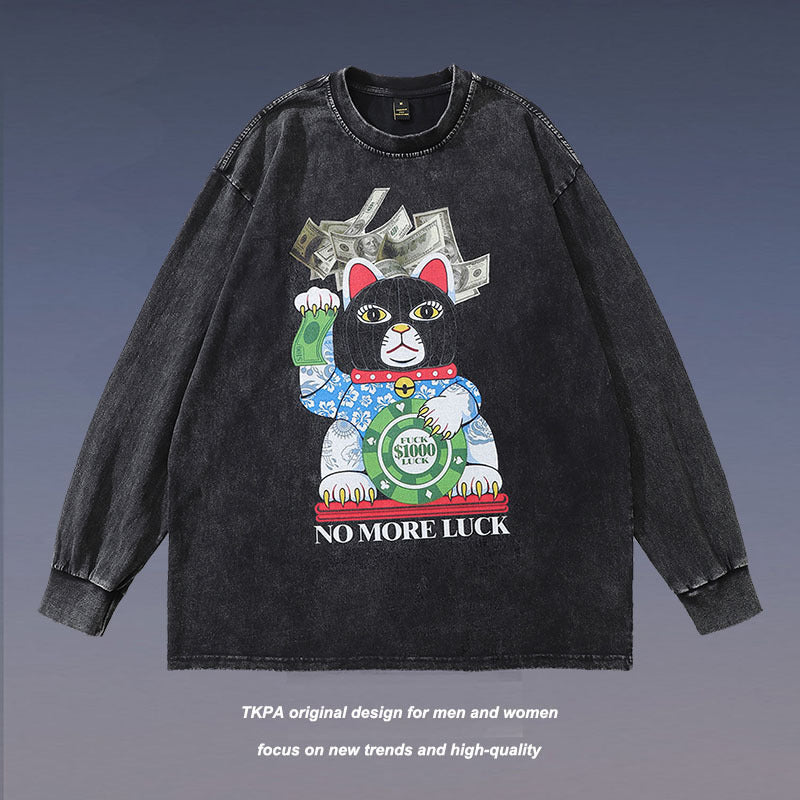 Men Long Sleeve Shirt Cartoon Printed Long-Sleeved T-shirt Men and Women Idle Style Vintage Distressed