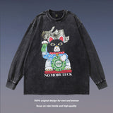 Men Long Sleeve Shirt Cartoon Printed Long-Sleeved T-shirt Men and Women Idle Style Vintage Distressed
