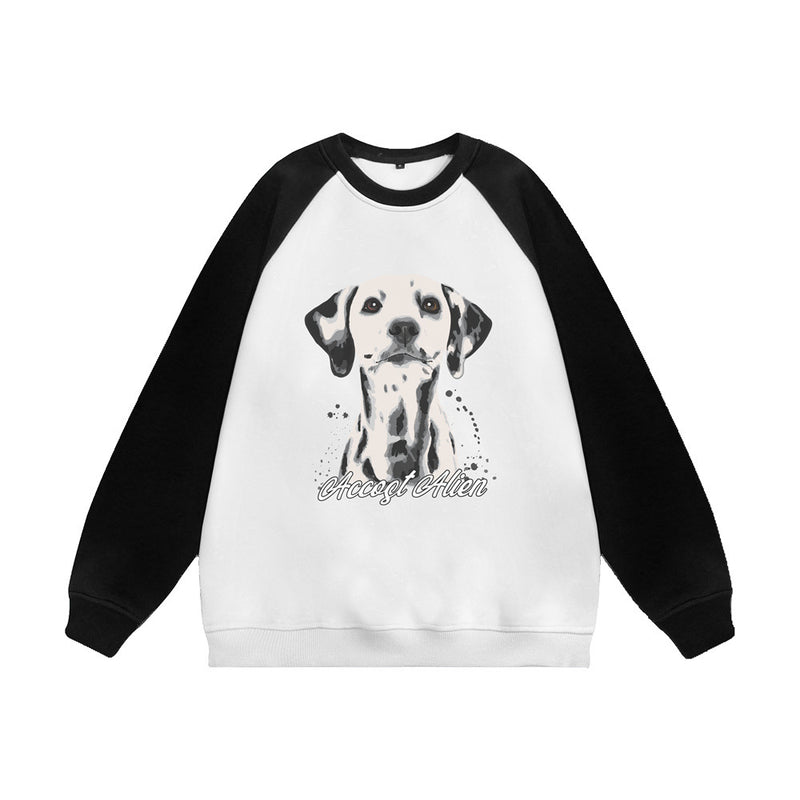 Men Hoodie Dog Print Raglan Long Sleeve Crew Neck Sweater