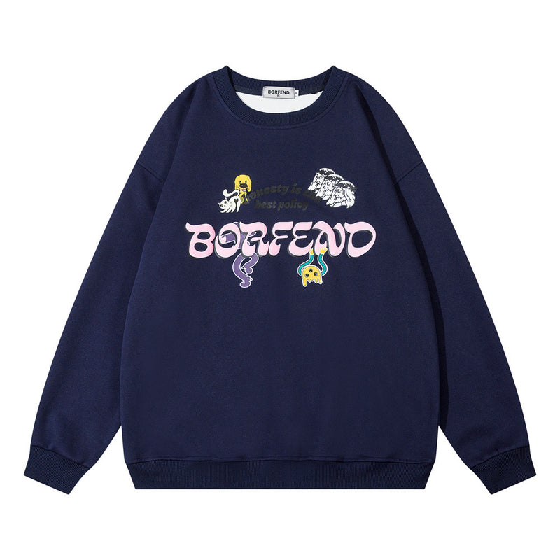 Men Hoodie Fun Letter Print round Neck Long Sleeve Sweater