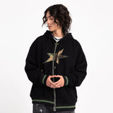 Men Fleece Lined Hoodie Zipper Cardigan Sweater Coat Men's Loose Five-Pointed Star Embroidered Hoodie