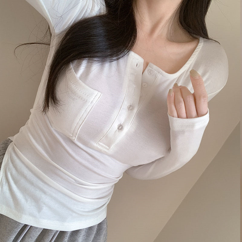 Women Long Sleeve Shirt Half-Open Collar Button round Neck Top for Women