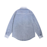 Men Long Sleeved T Shirt Stitching Denim Long Sleeve Shirt Men's Washed Denim Lapel Shirt Coat