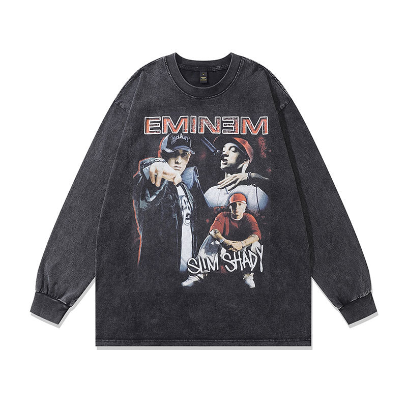 Men Long Sleeve Shirt Vintage Rap Portrait Printing Washed Distressed Long Sleeve T-shirt for Men and Women