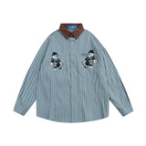 Men Long Sleeved T Shirt Embroidered Long Sleeve Shirt Men's Spring and Autumn Vertical Stripes Contrast Color Shirt Coat Vintage