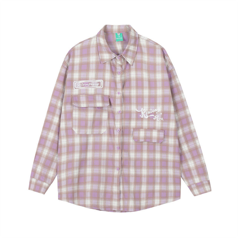 Men Long Sleeved T Shirt Plaid Letters Embroidered Shirt Coat Ins Leisure Cargo