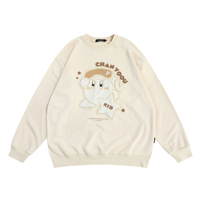 Men Hoodie Cartoon Pattern Towel Embroidery round Neck Sweater