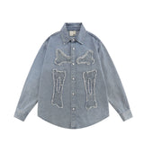 Men Long Sleeve T Shirt Embroidered Denim Shirt Jacket Men's Loose Wash Long Sleeve Denim