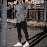 Men T Shirt Solid Color Summer Loose Gray Casual Collarless