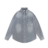 Men Long Sleeve T Shirt Washed and Worn Denim Shirt Jacket Spring and Autumn Men's Embroidery Loose Long Sleeve Shirt