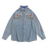 Men Long Sleeved T Shirt Denim Long Sleeve Shirt Men Spring and Autumn Floral Embroidery Washed Faded Baggy Coat