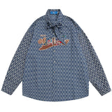 Men Long Sleeved T Shirt Cartoon Letter Embroidered Neckline Long Sleeve Shirt Trendy Loose Striped Shirt