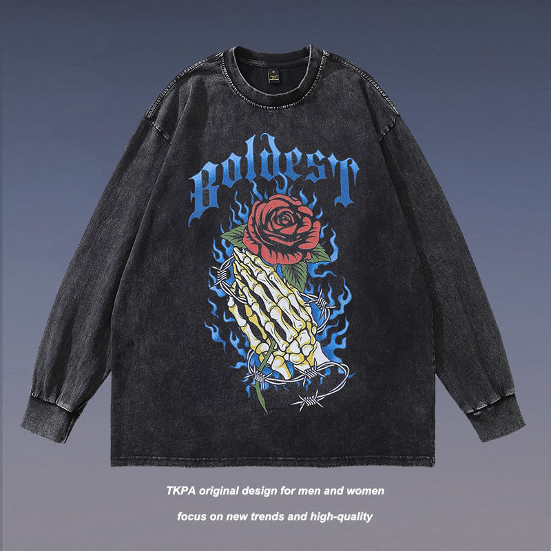 Men Long Sleeve Shirt Gothic Rose Skull Printed Long Sleeve T-shirt Men and Women Washed Distressed
