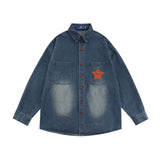 Men Long Sleeved T Shirt Personality Five-Pointed Star Embroidered Pocket Denim Shirt Men's Spring and Autumn Loose Casual