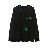 Men Long Sleeve Shirt Autumn Retro Alphabet Embroidered Distressed Long Sleeve T-shirt Men
