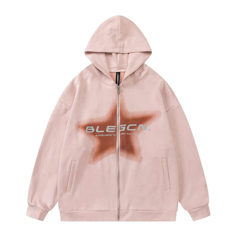 Men Hoodie Inkjet Five-Pointed Star Cardigan Hoodie