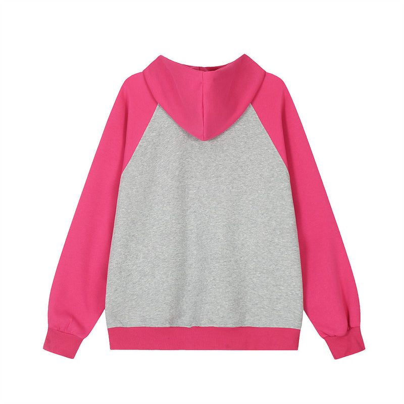 Men Hoodie Color Contrast Patchwork Raglan Sleeve Hooded Sweater Letter Embroidery Loose Pullover Leisure Hoodie