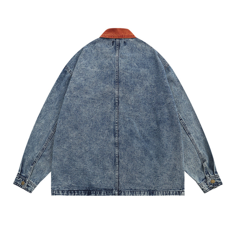 Men Denim Jacket Washed Do the Old Cowboy Coat Men's Ins Embroidered Lapel Shirt Jacket