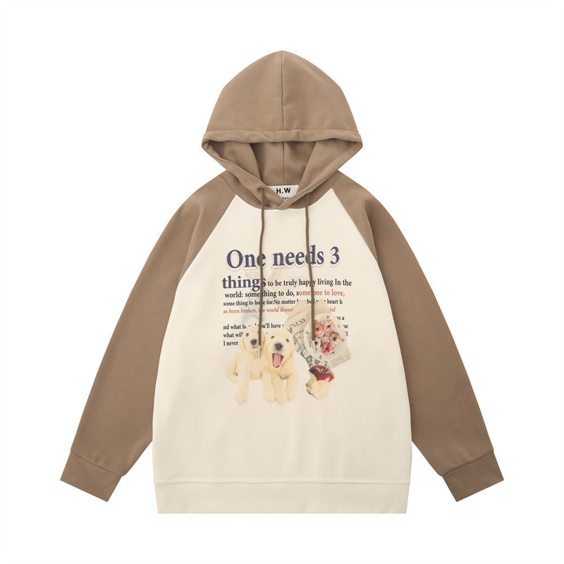 Men Hoodie Animal Print Dog Hooded Sweater Color-Block Raglan Sleeves