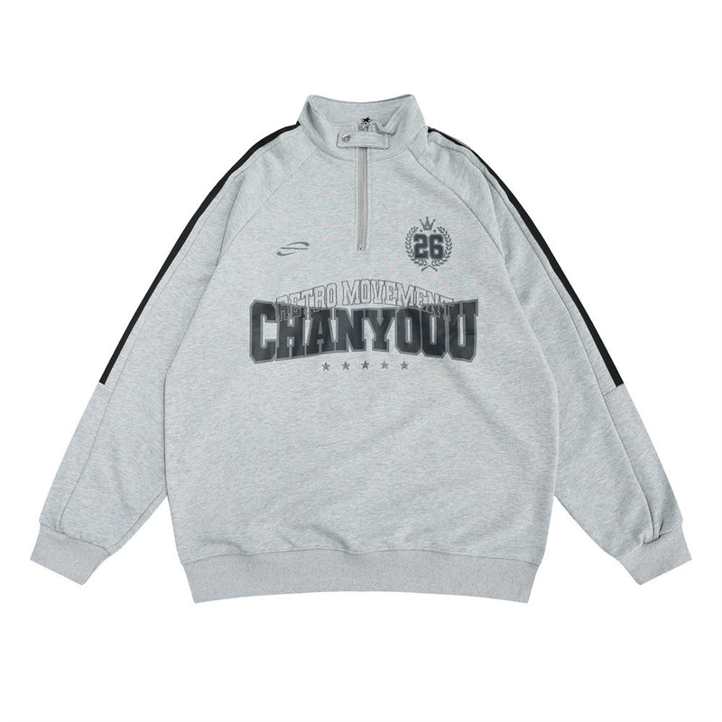Men Hoodie Letter Embroidered Printed Mock Neck Hoodie
