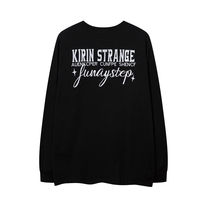 Men Long Sleeve Shirt Letter Embroidered Vintage Distressed Long Sleeve T-shirt Men and Women Loose Couple
