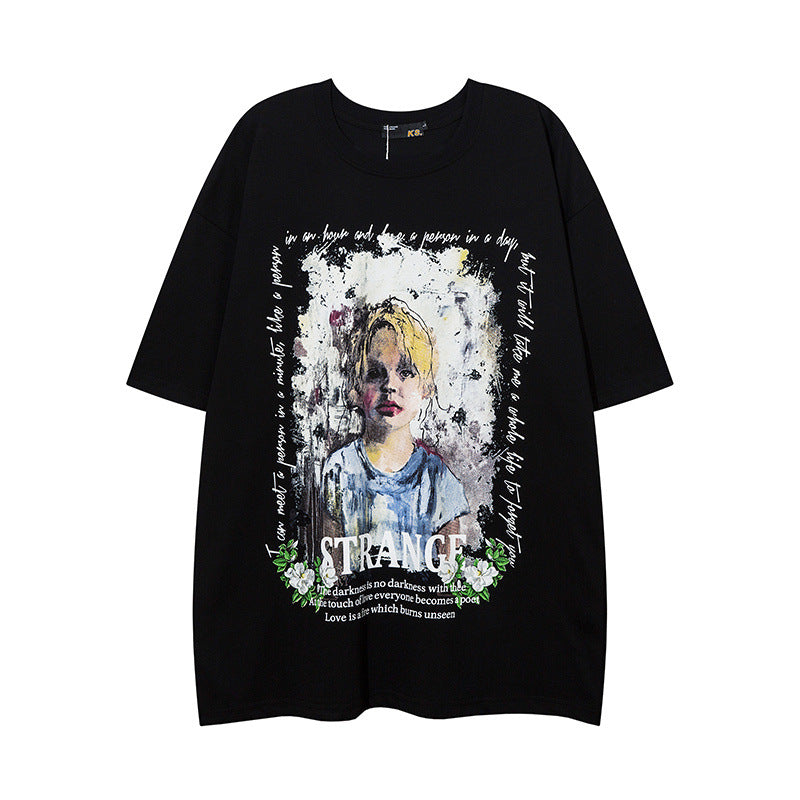 Men T Shirt Sweet Cool Abstract Oil Painting Print Short Sleeve T-shirt Loose