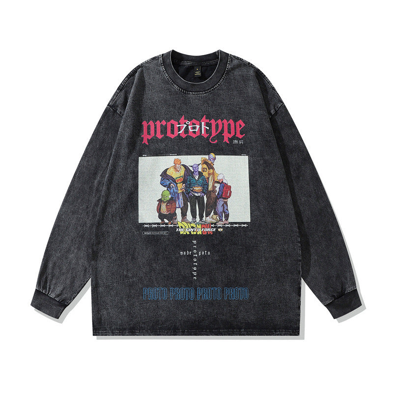 Men Long Sleeve Shirt Cartoon Long Sleeve T-shirt Men's Hip Hop Distressed Loose Base T-shirt