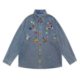 Men Long Sleeved T Shirt Embroidered Mickey Donald Duck Long Sleeve Shirt Men's Ins Trendy Denim Jacket